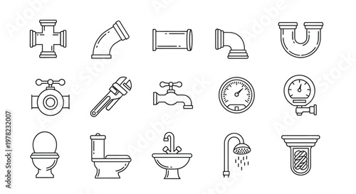 Line art illustration of various plumbing fixtures and components