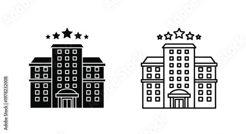 Two hotel building outlines with stars above a simple graphic silhouette
