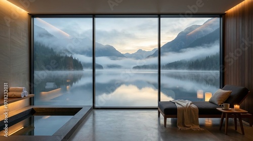 Modern luxury resort interior room with large panoramic window view of serene mountain lake, forest and mountains at colorful sunset, generative AI