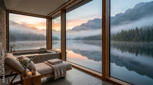Modern luxury resort interior room with large panoramic window view of serene mountain lake, forest and mountains at colorful sunset, generative AI