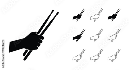 Hands holding drumsticks a black and white illustration with multiple variations