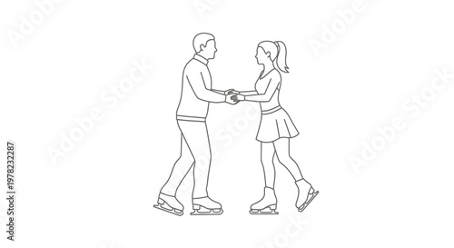 A simple line drawing depicts a couple ice skating holding hands