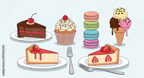 A delightful assortment of sweet desserts including cake slices, cupcakes, macarons, and ice cream cones, perfect for a celebration or treat.