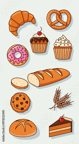 A vibrant and colorful illustration showcasing a delightful assortment of freshly baked goods, including croissants, donuts, cupcakes, bread, cookies, and cake.