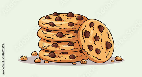 A stack of delicious chocolate chip cookies with crumbs scattered around, presented in a simple, appealing illustration.