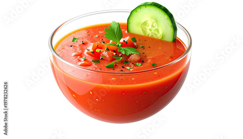 Fresh gazpacho in a bowl garnished with cucumber and herbs on black background