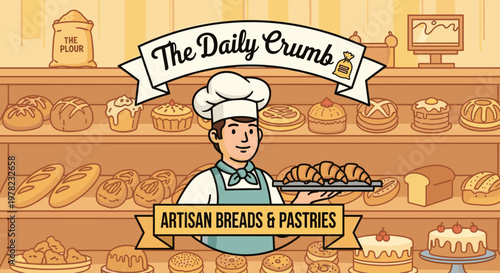 A charming illustration of a baker in a chef's hat and apron holding a tray of freshly baked croissants in front of shelves stocked with artisan breads and pastries.