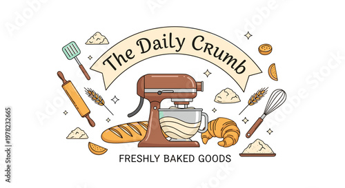 A charming illustration of "The Daily Crumb" bakery, showcasing a stand mixer, fresh bread, croissants, and baking tools, with the tagline "Freshly Baked Goods.".