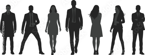 Professional business people silhouettes set in formal office attire walking and standing confidently isolated on white background for corporate team career concept