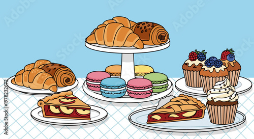 A delightful assortment of freshly baked pastries, including croissants, macarons, pies, and cupcakes, artfully arranged on a checkered tablecloth.