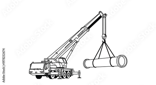 Line drawing of a mobile crane lifting a cylindrical object