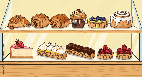 A delightful display of freshly baked pastries and desserts arranged on two shelves in a bakery showcase.