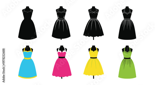 Collection of vintage style dresses in black and various bright colors