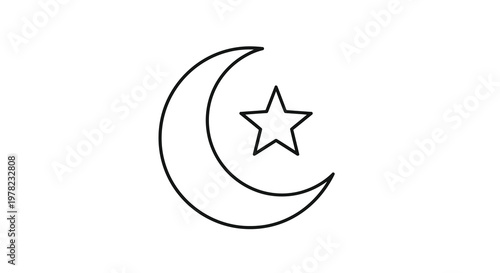 Simple black and white illustration of a crescent moon and star