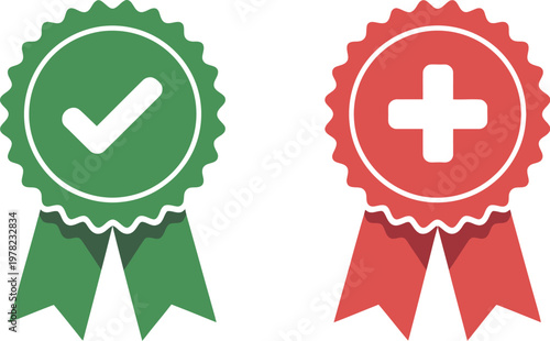 Checkmark and cross ribbon icons, green checkmark and red X ribbons symbolizing yes and no for approval decision making interface and graphic design use.