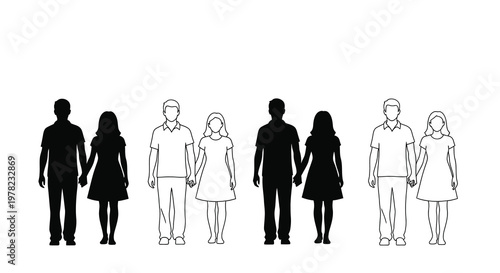 Three pairs of figures holding hands depicted as simple black and white outlines