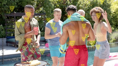 Towel man pulling towel off at pool, surprising friends by grill, yellow markers overlaying ads