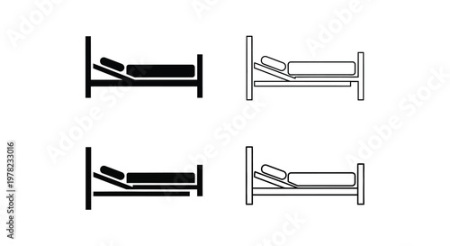Four depictions of a hospital bed in varying orientations and styles