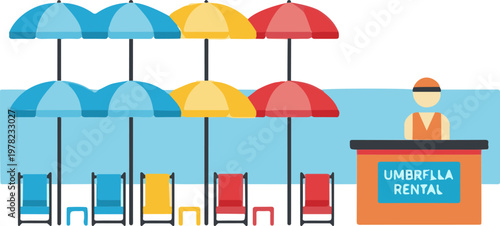 Friendly service worker standing at an umbrella rental kiosk with beach chairs and colorful umbrellas for summer vacation