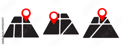 Location pin on map icon set. Red markers positioned on black geometric map fragments.  GPS navigation, route pointer, travel destination, address finder, city guide symbol. Vector.