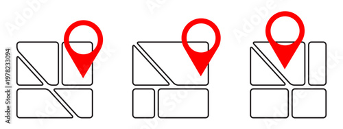 Map location icon set. Red pin markers on outlined map tiles with diagonal lines.  Navigation pointer, GPS route, travel destination, address finder, city guide symbol design. 