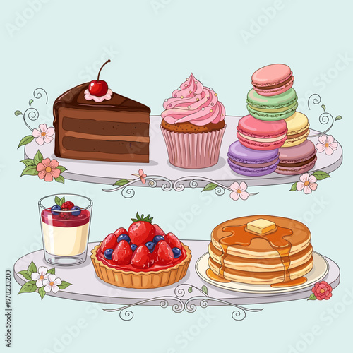A delightful assortment of sweet desserts and pastries, including a slice of chocolate cake, a cupcake, macarons, a fruit tart, panna cotta, and a stack of pancakes.