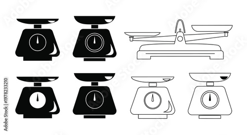 Simple illustration of various balance scales and kitchen weighing devices