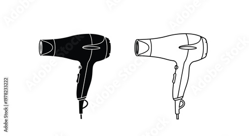Two hair dryers one solid black and one outlined isolated on white