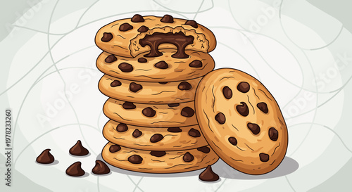 A stack of delicious chocolate chip cookies with one cookie leaning against the stack and some chocolate chips scattered around.