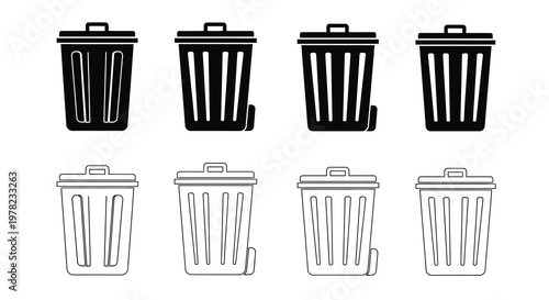 A collection of black and white trash can icons in varying styles
