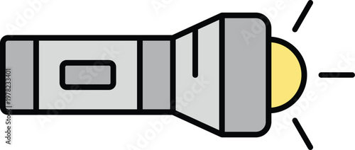 Illuminating flashlight with glowing yellow bulb and light rays, flat design vector illustration