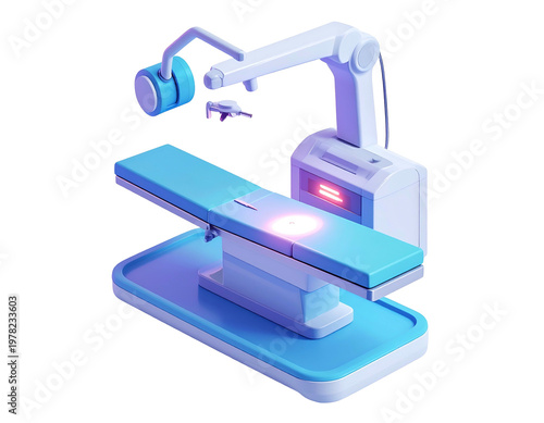 Medical robotic arm and surgical table in a clean 3D render blue and white futuristic