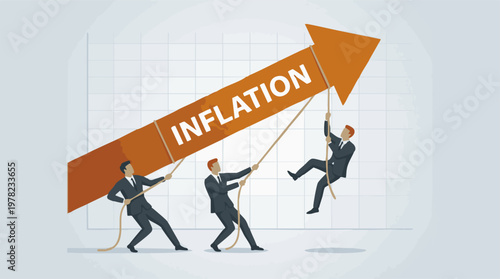 Businessmen attempting to control rising inflation on an economic graph