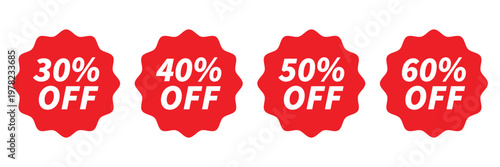 Sale discount starburst tags with thirty to sixty percent off retail price promotional stickers, red scalloped circles for marketing and clearance offer vector illustration.