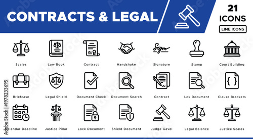Contracts & Legal Line Icons, a comprehensive vector set of 21 essential legal symbols, perfect for law firm branding and business documentation.