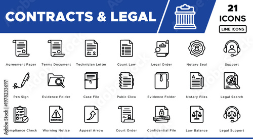 Contracts & Legal 21 Line Icons, essential vector collection for legal documents and agreements, professional law firm resources, business compliance and support graphics