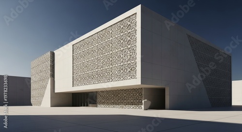 Modern Architectural Design with Geometric Facade and Structure.