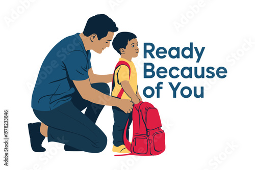Touching fathers day illustration dad helping son with backpack ready for school