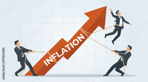Businessmen fighting against rising inflation, controlling economy on chart