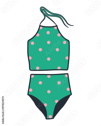 Polka Dot Bikini Vector Illustration. Features a halter top and high-waisted bottoms, perfect for summer fashion inspiration.