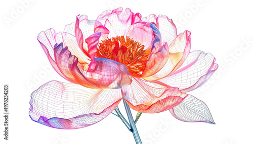 Wireframe peony flower blossom on black background; digital rendering abstract art