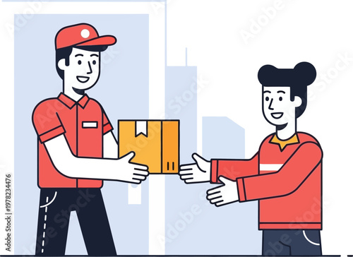 Delivery service courier handing parcel to customer, professional mailman giving cardboard box to woman, express shipping and logistics vector illustration