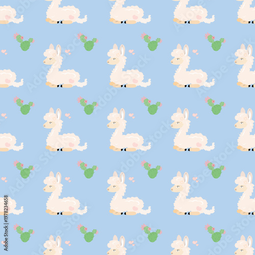 Repeating pattern of cute cartoon llamas with beige accents, green cacti with pink flowers, and scattered hearts on a light blue background, playful cheerful design perfect for textiles, wallpapers