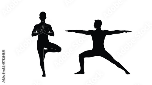 Two figures practicing yoga poses in a striking black silhouette