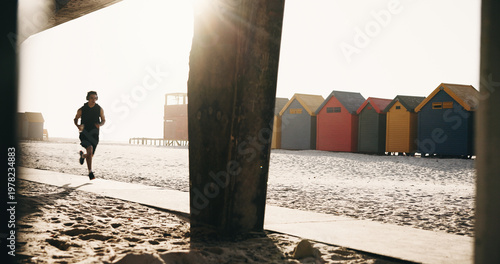 Fotografía Running, fitness and man by beach for exercise, workout and training for cardio, health and wellness