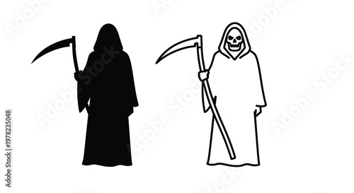 Two depictions of the grim reaper one solid and one outlined silhouette
