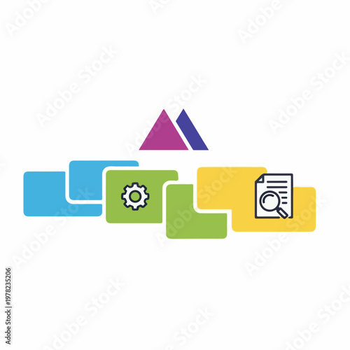 Minimalist abstract graphic design showing colorful geometric shapes with cogwheel and document magnifying glass icons on white background