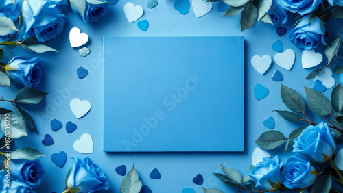 Blue roses arranged around blank card on flat surface