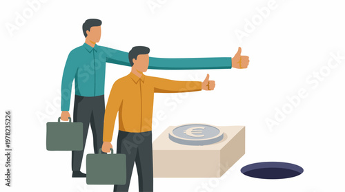 Business professionals giving thumbs up towards euro coin and financial risk