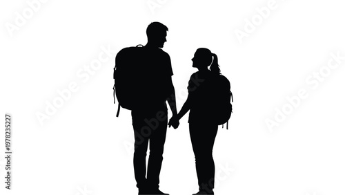 Couple holding hands with backpacks against a stark white background silhouette